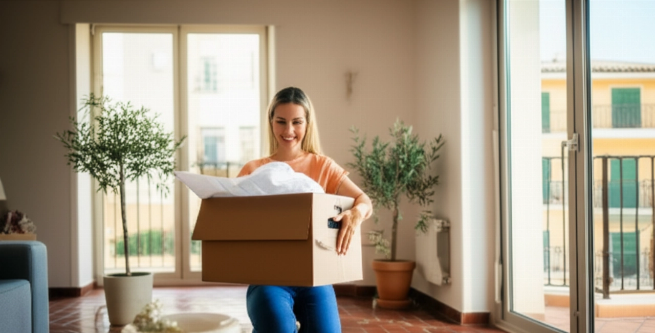 Femme caucasienne souriante déballant un carton de déménagement dans un salon espagnol lumineux et moderne, entourée d'objets suggérant une nouvelle maison.