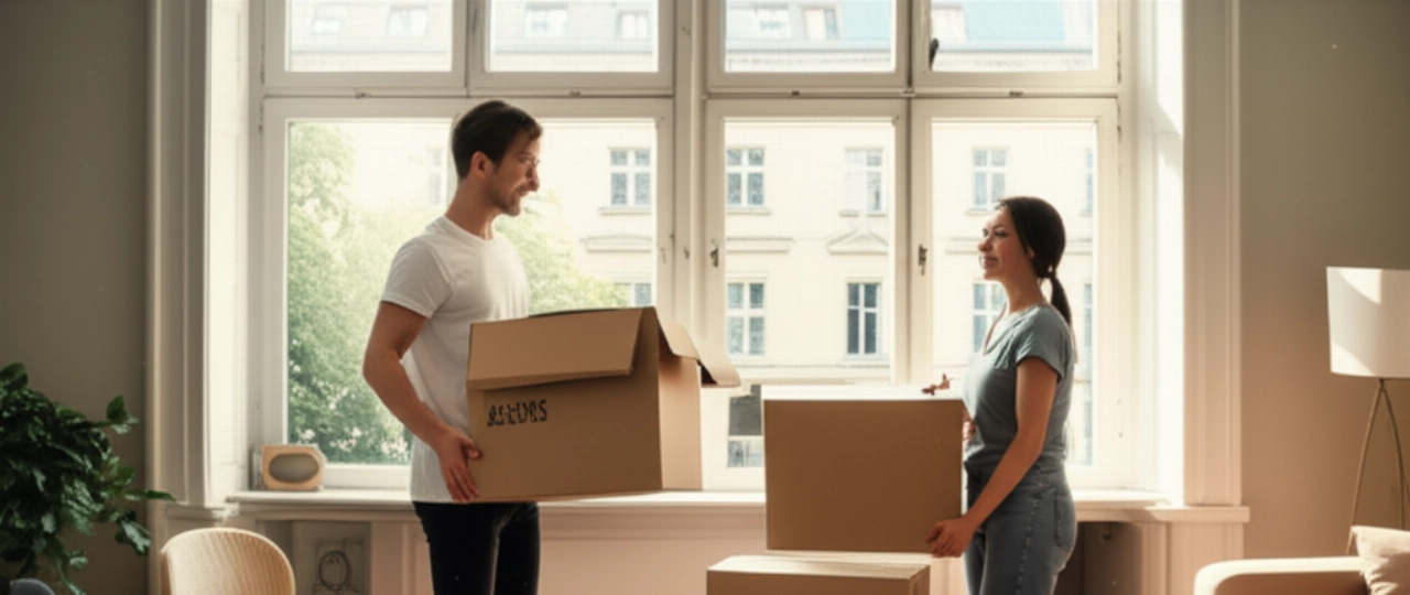 Un couple caucasien sourit en déballant des cartons dans un appartement moderne et lumineux à Berlin, avec vue sur la ville.