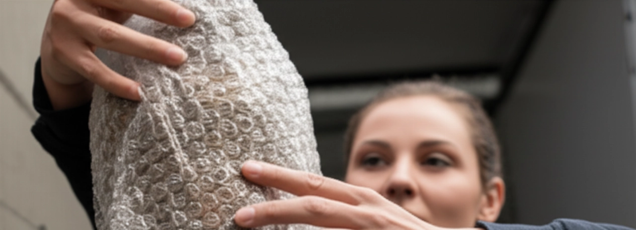 Deux déménageurs caucasiens professionnels emballent soigneusement un vase délicat, faisant preuve d'attention et de soin dans le service.
