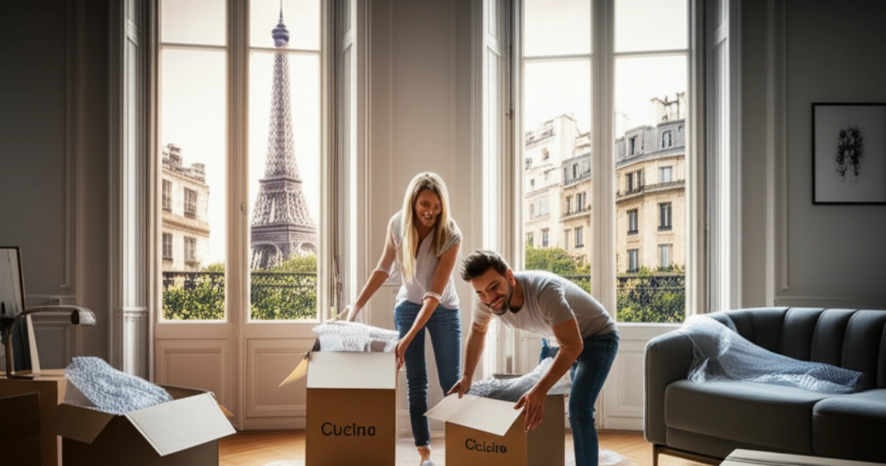Couple caucasien déballant dans un élégant appartement parisien avec vue sur la Tour Eiffel, symbolisant un nouveau départ.