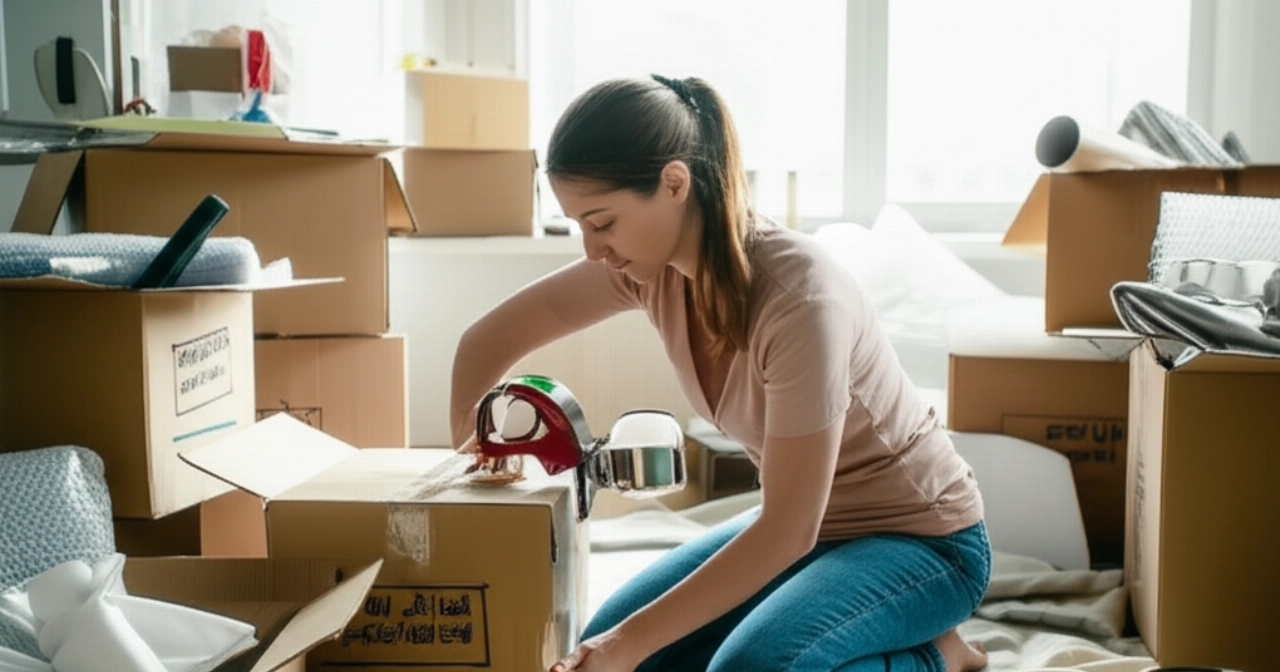 Une femme caucasienne scelle une boîte de déménagement dans un salon rempli de cartons.