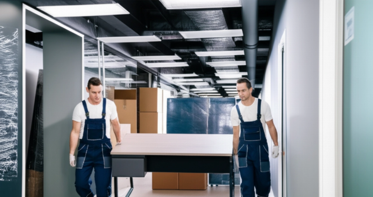 Deux déménageurs caucasiens professionnels transportent avec soin un bureau moderne à travers un couloir de bureau lors d'un déménagement d'entreprise.