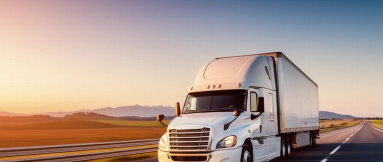 Un grand camion de déménagement moderne et sans logo roule sur une autoroute panoramique à l'aube, avec la lumière dorée se reflétant sur sa surface, symbolisant un long voyage national.