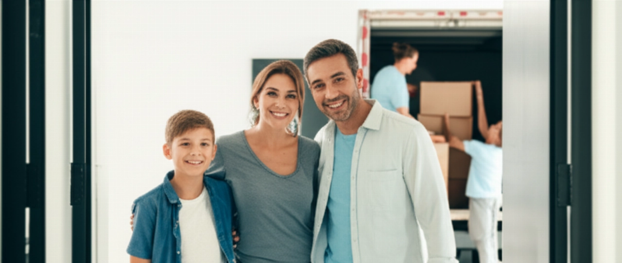 Une famille caucasienne souriante se tient sur le seuil de sa nouvelle maison lumineuse, avec des cartons déchargés par des déménageurs professionnels en arrière-plan, symbolisant un nouveau départ.