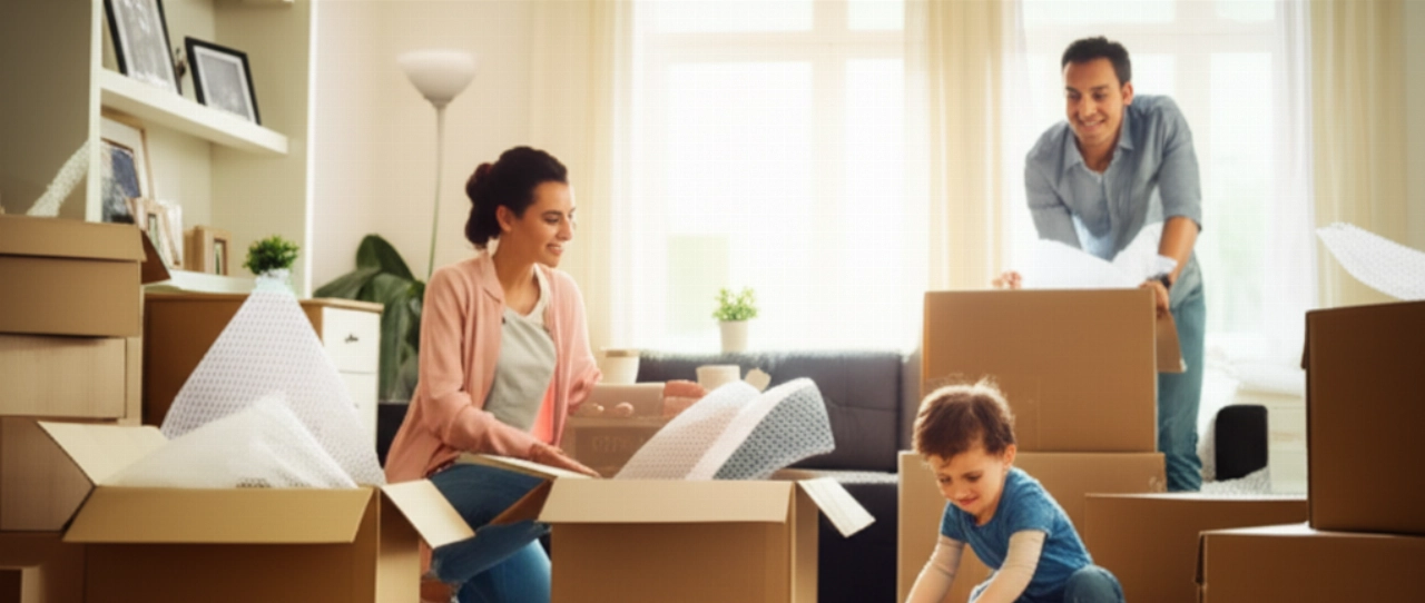 Une famille caucasienne heureuse déballe joyeusement des cartons dans le salon lumineux de leur nouvelle maison.
