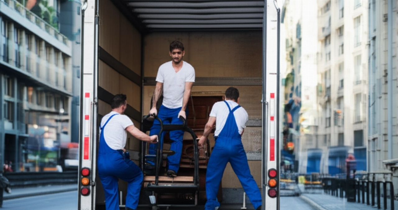 Une équipe de trois déménageurs caucasiens charge un lourd piano droit sur un camion à l'aide d'équipements spécialisés dans une rue urbaine.