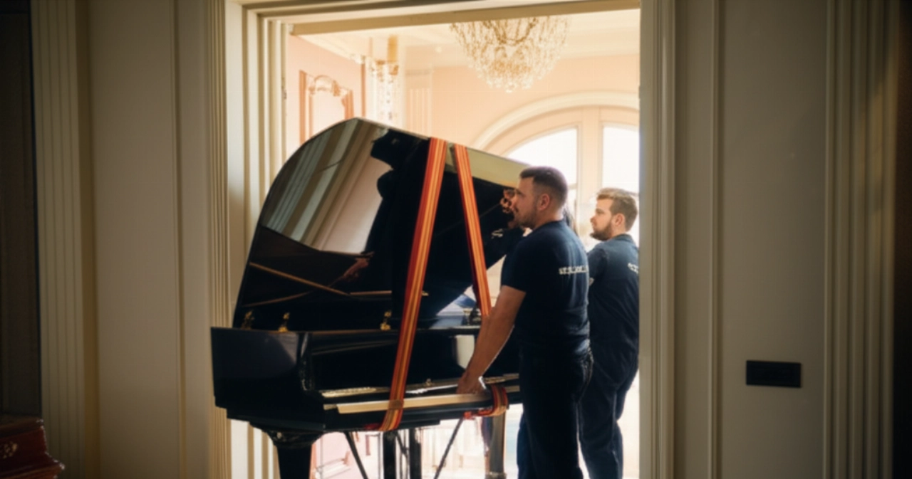 Deux déménageurs professionnels caucasiens manœuvrent avec soin un piano à queue à travers une porte étroite, dans une scène qui évoque la précision et le dévouement.