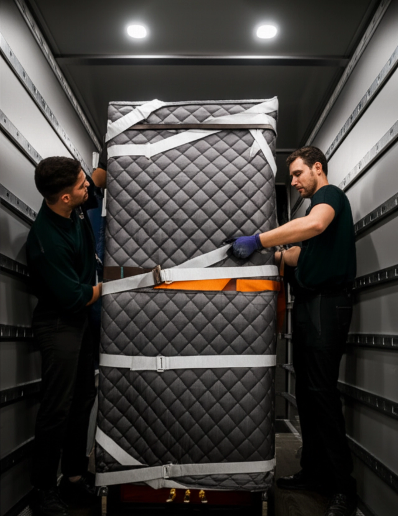 Un piano droit, enveloppé dans des couvertures de protection et fixé avec des sangles, à l'intérieur d'un camion spécialisé, avec un déménageur caucasien qui en vérifie la sécurité.