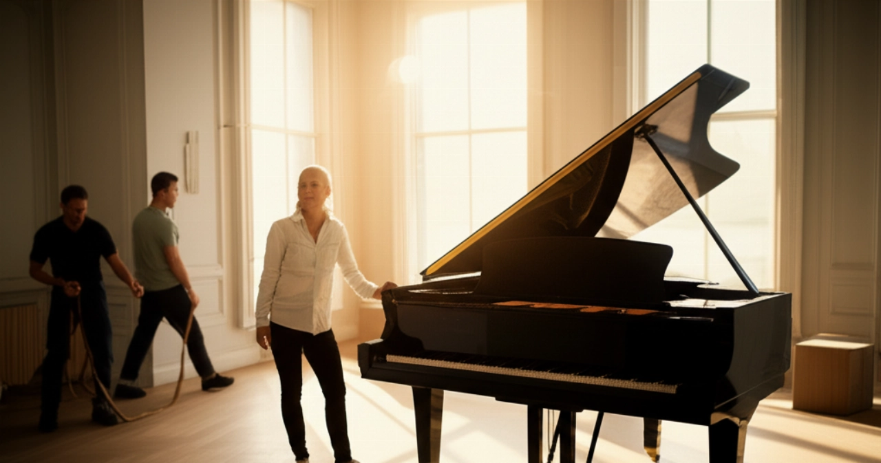 Un piano à queue fraîchement placé dans un élégant salon, avec un propriétaire caucasien qui l'admire avec satisfaction, symbolisant la réussite d'un déménagement complexe.