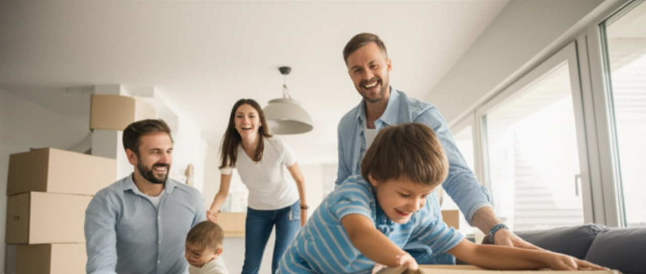 Jeune famille caucasienne souriante déballant des cartons dans le salon lumineux de leur nouvelle maison, symbolisant la joie d'un déménagement réussi et abordable.