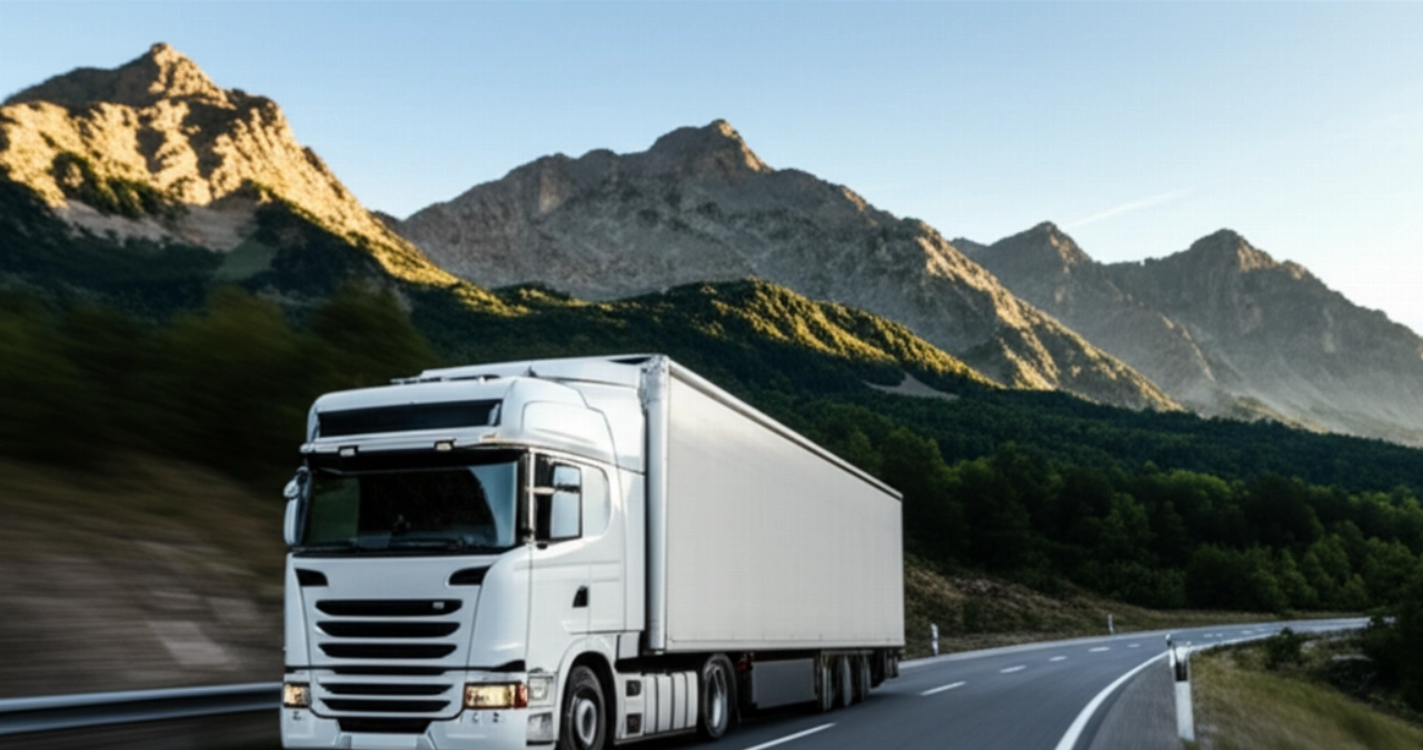 Un camion de déménagement blanc roule sur une autoroute européenne au milieu de montagnes majestueuses, symbolisant le voyage Espagne-Italie.
