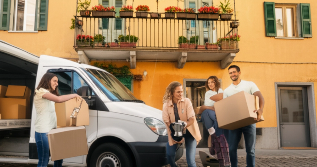 Famille caucasienne déchargeant des cartons devant une ancienne maison italienne, symbolisant l'arrivée après un déménagement.