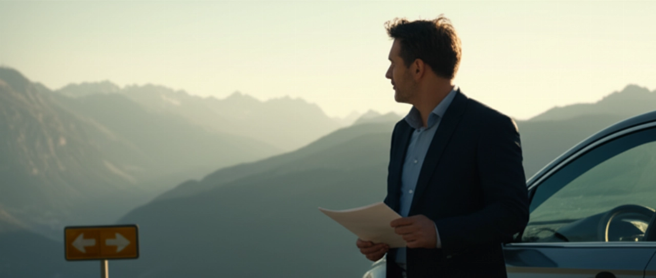 Homme caucasien debout avec des documents, devant un paysage alpin suggérant une frontière entre la Suisse et l'Italie.