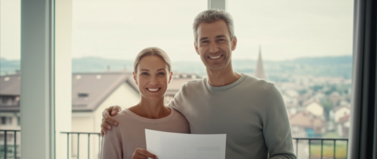 Couple caucasien souriant et détendu dans une nouvelle maison, tenant des documents, après un déménagement réussi.