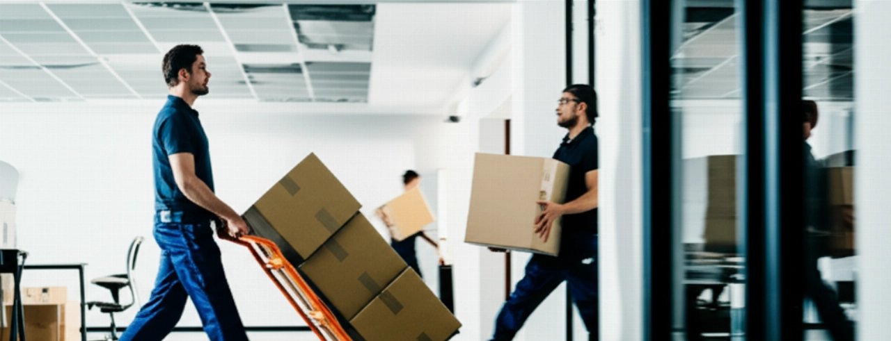 Scène hyperréaliste de déménageurs caucasiens transportant des cartons le long d'un couloir de bureau, soulignant l'efficacité du processus de déménagement.