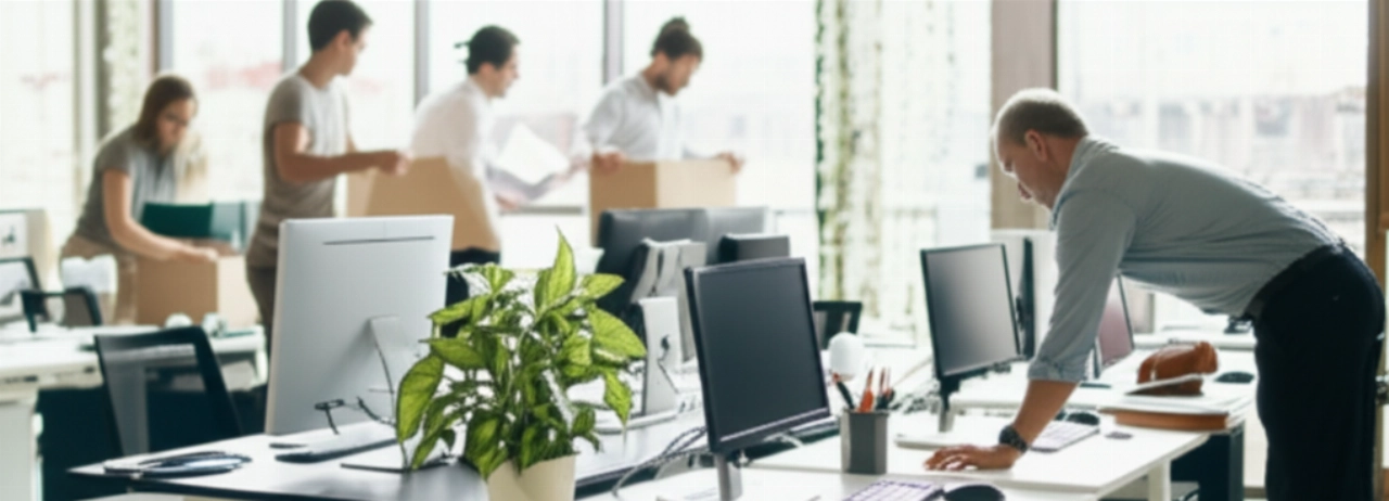 Image hyperréaliste d'un nouveau bureau moderne et lumineux, avec des employés caucasiens déballant les dernières boîtes et aménageant les postes de travail, symbolisant un nouveau départ.