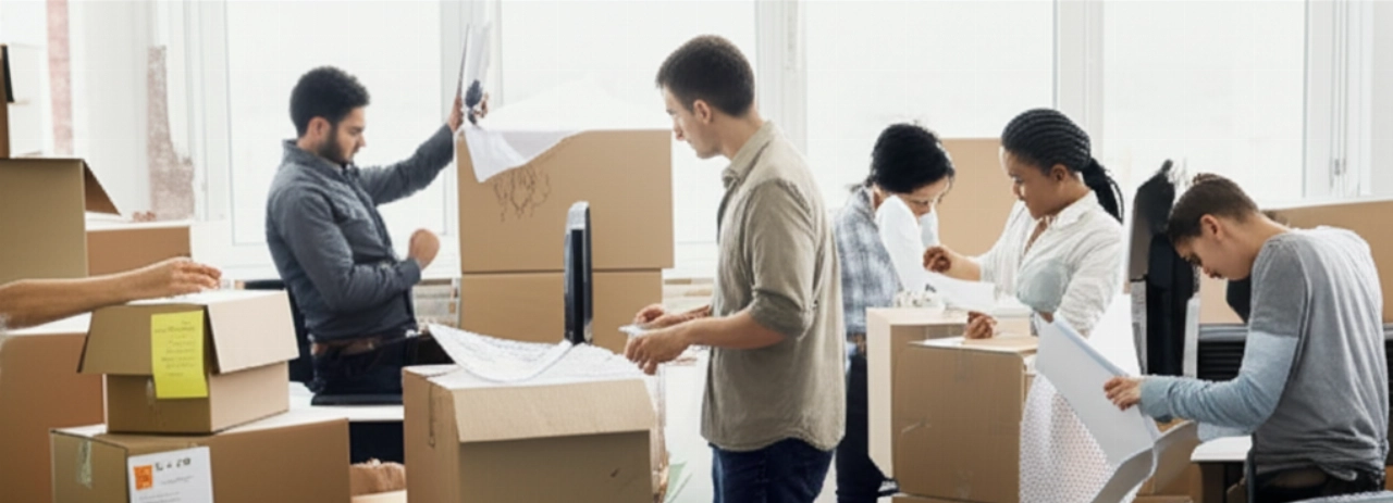 Employés caucasiens occupés à emballer des cartons et du matériel de bureau lors d'un déménagement.