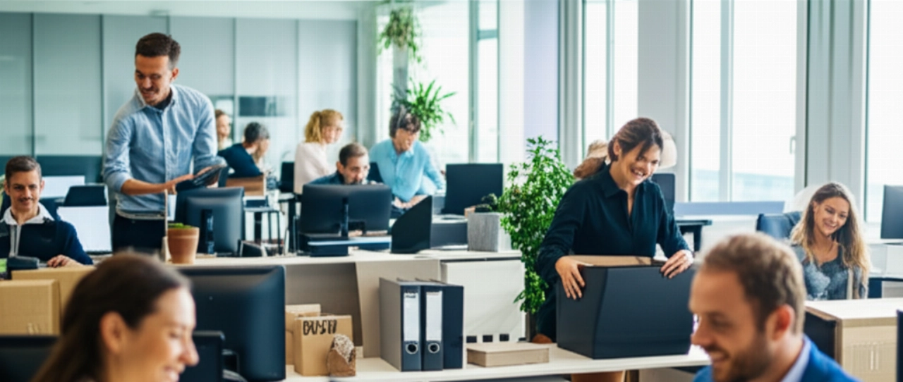Nouveau bureau moderne avec des employés caucasiens qui s'installent et travaillent à leurs postes après un déménagement.