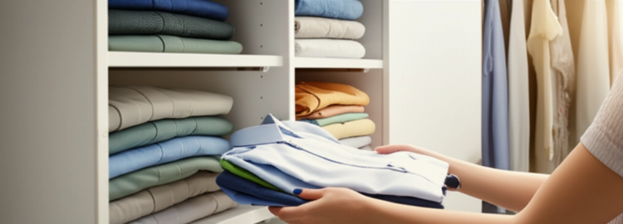 Mains d'une femme caucasienne rangeant soigneusement des vêtements fraîchement déballés dans une armoire moderne et propre.