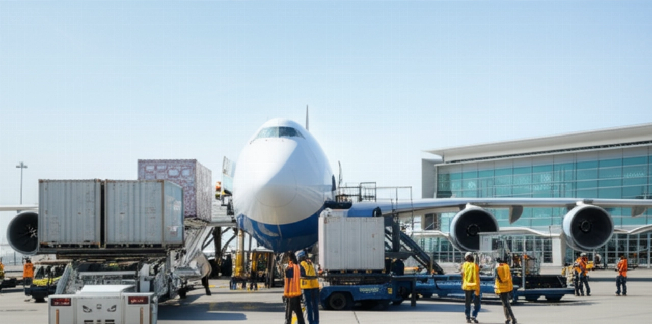 Avion cargo en cours de chargement sur une piste d'aéroport, avec du personnel caucasien, représentant la logistique aérienne internationale.