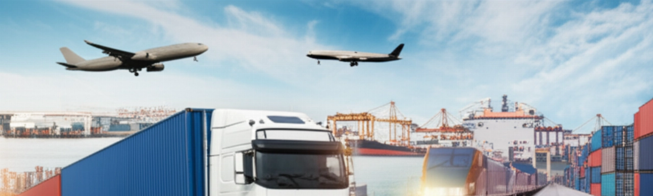 Divers modes de transport (camion, train, navire, avion) convergent, illustrant le réseau complexe des expéditions internationales.