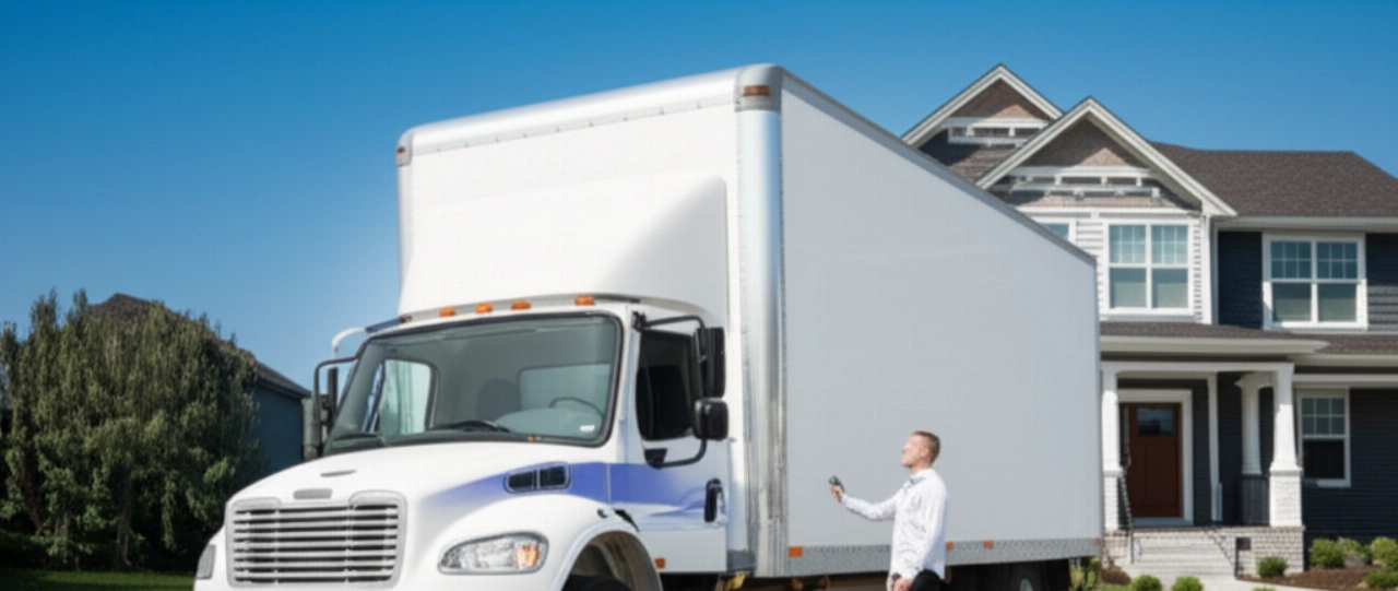 Un grand camion de déménagement moderne garé devant une maison, avec un professionnel caucasien à côté.
