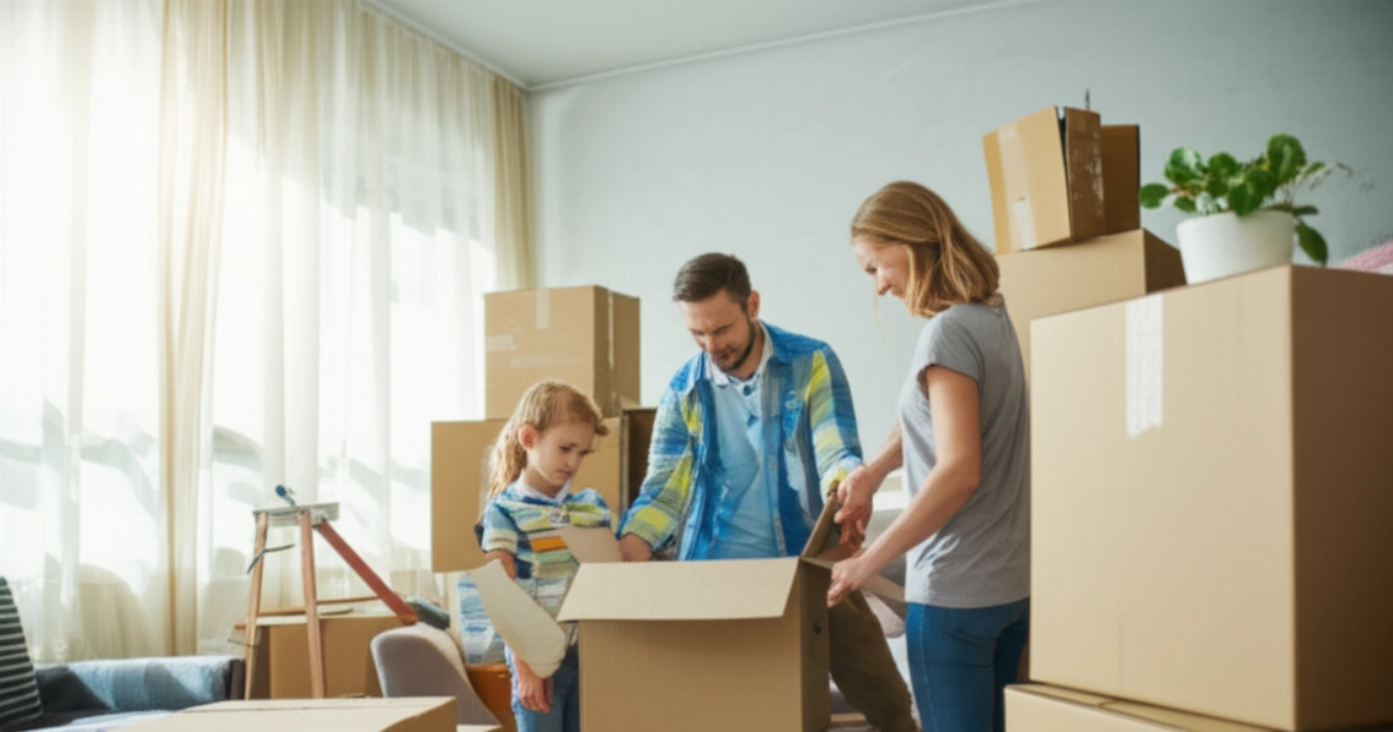 Une famille caucasienne heureuse déballe des cartons dans son nouveau salon lumineux, entourée de cartons de déménagement.