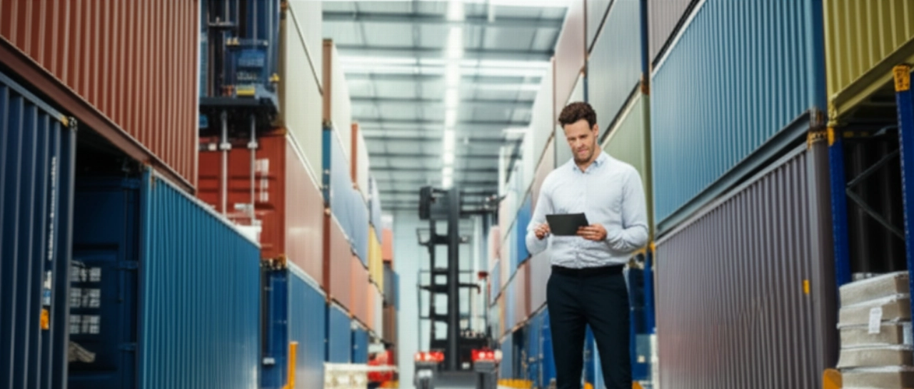 Un entrepôt logistique moderne avec des conteneurs et un manager caucasien qui supervise, représentant l'efficacité des transports internationaux.