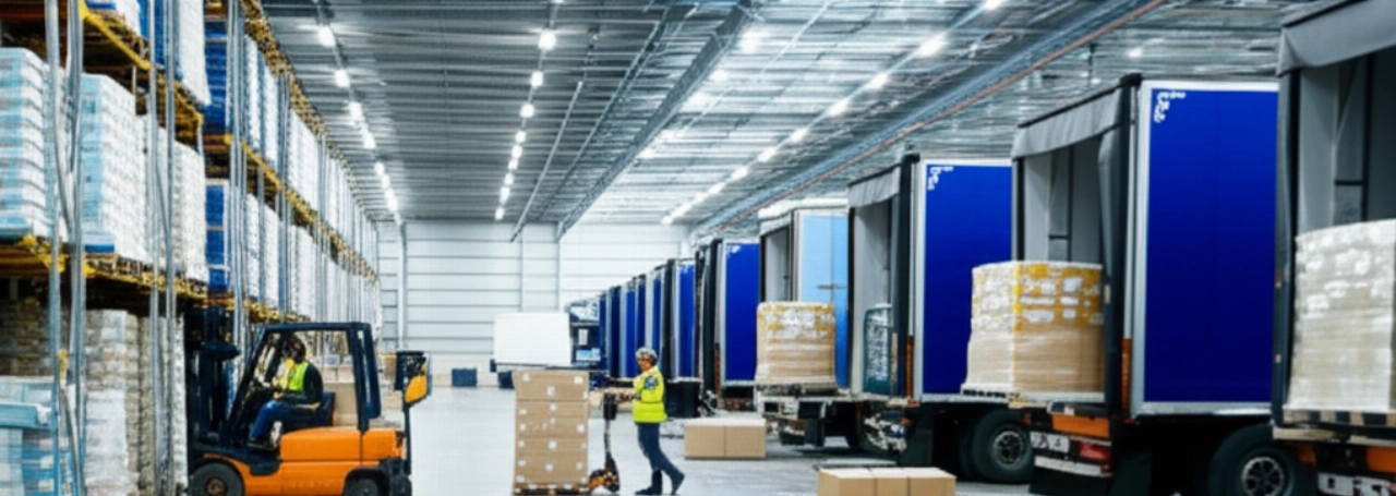 Intérieur hyperréaliste d'un centre logistique moderne à la frontière italo-suisse, avec des travailleurs caucasiens déplaçant des marchandises et des camions en cours de chargement/déchargement.