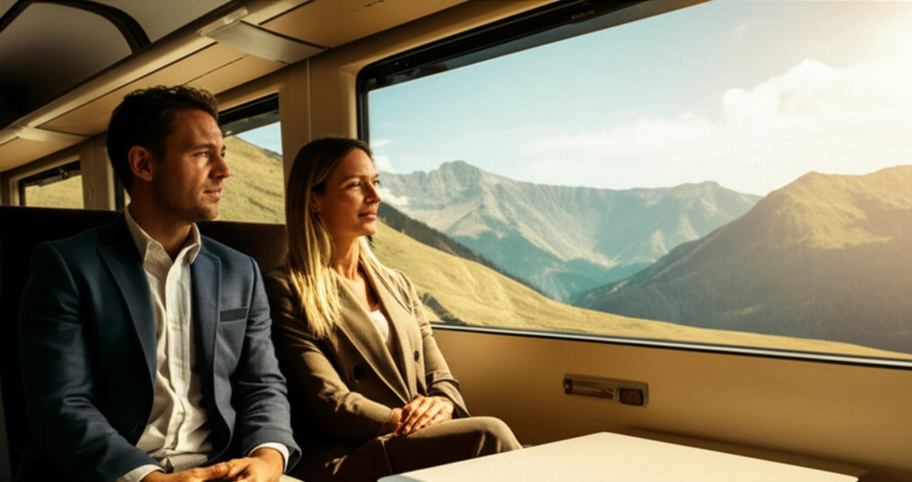 Passagers caucasiens dans un train alpin moderne, admirant le paysage montagneux à travers une grande fenêtre, avec une atmosphère luxueuse et confortable.