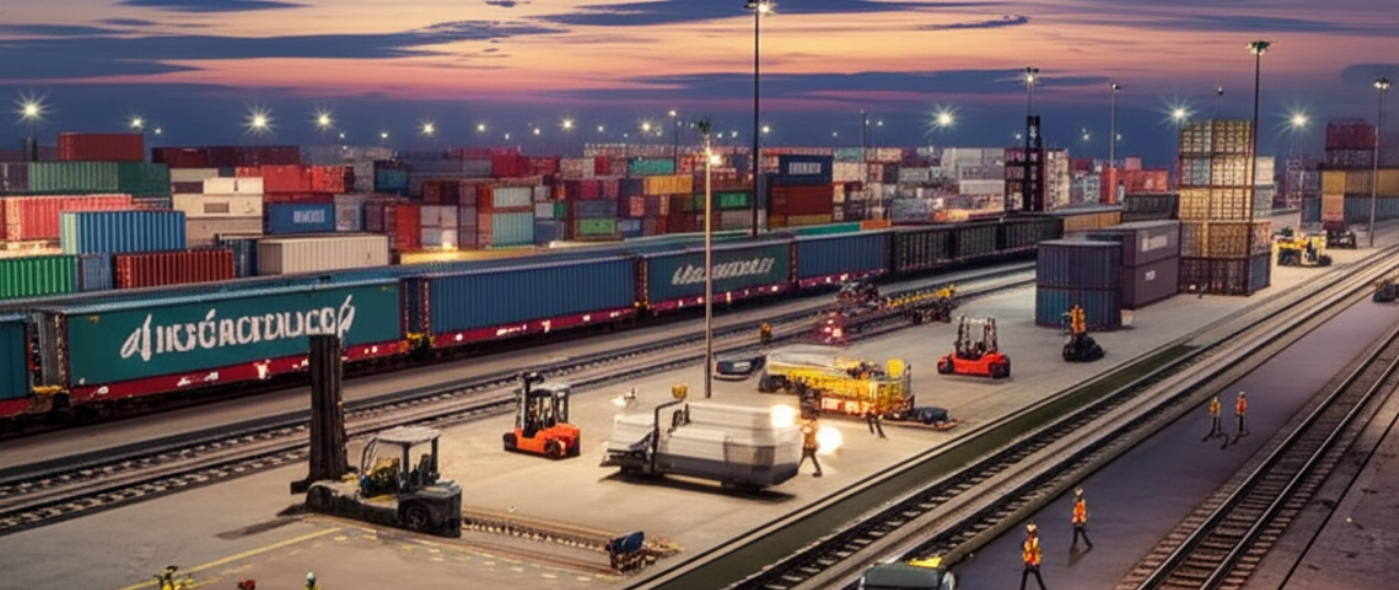 Grand centre logistique national avec trains de marchandises et conteneurs au crépuscule.