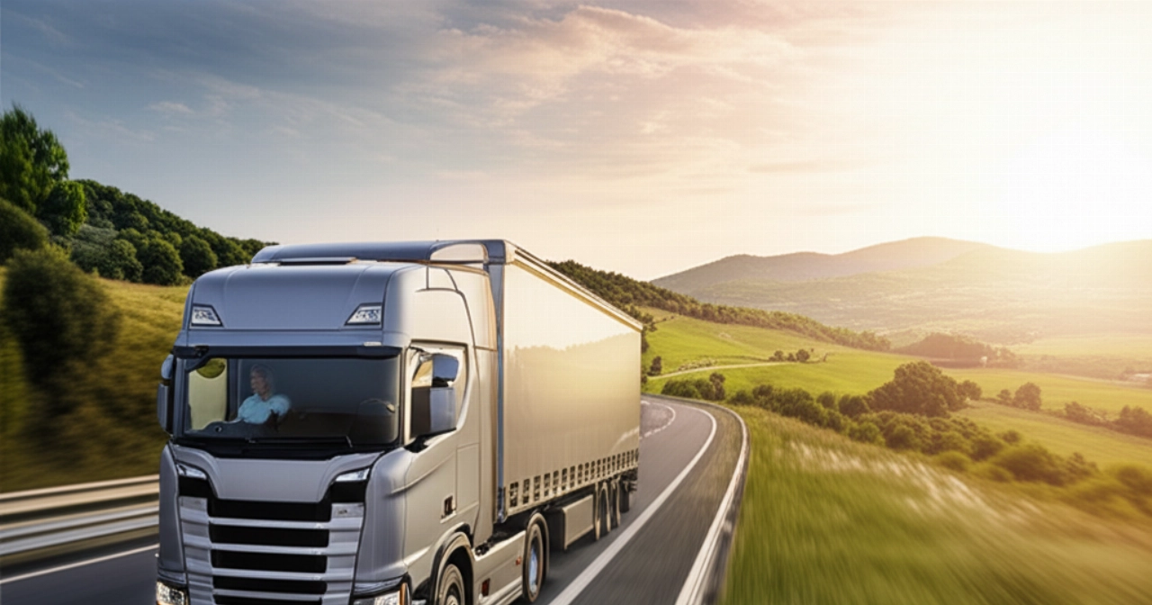 Camion moderne sur une autoroute européenne panoramique, traversant des paysages rappelant l'Espagne et l'Italie, avec un chauffeur caucasien.