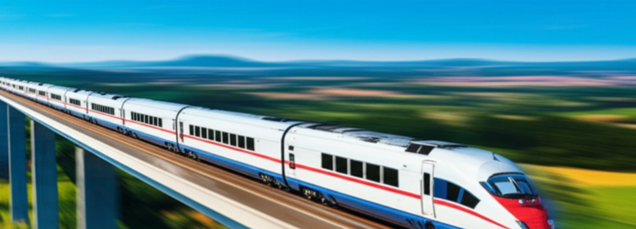 Train à grande vitesse futuriste filant sur un viaduc, traversant un paysage européen verdoyant sous un ciel serein.