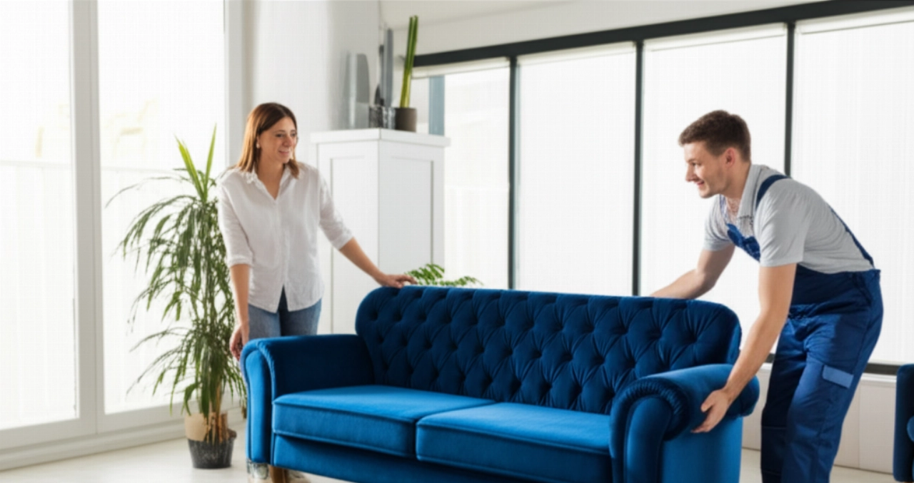 Un nouveau canapé en velours bleu est soigneusement placé dans un salon moderne et lumineux, avec un déménageur et une propriétaire caucasiens.