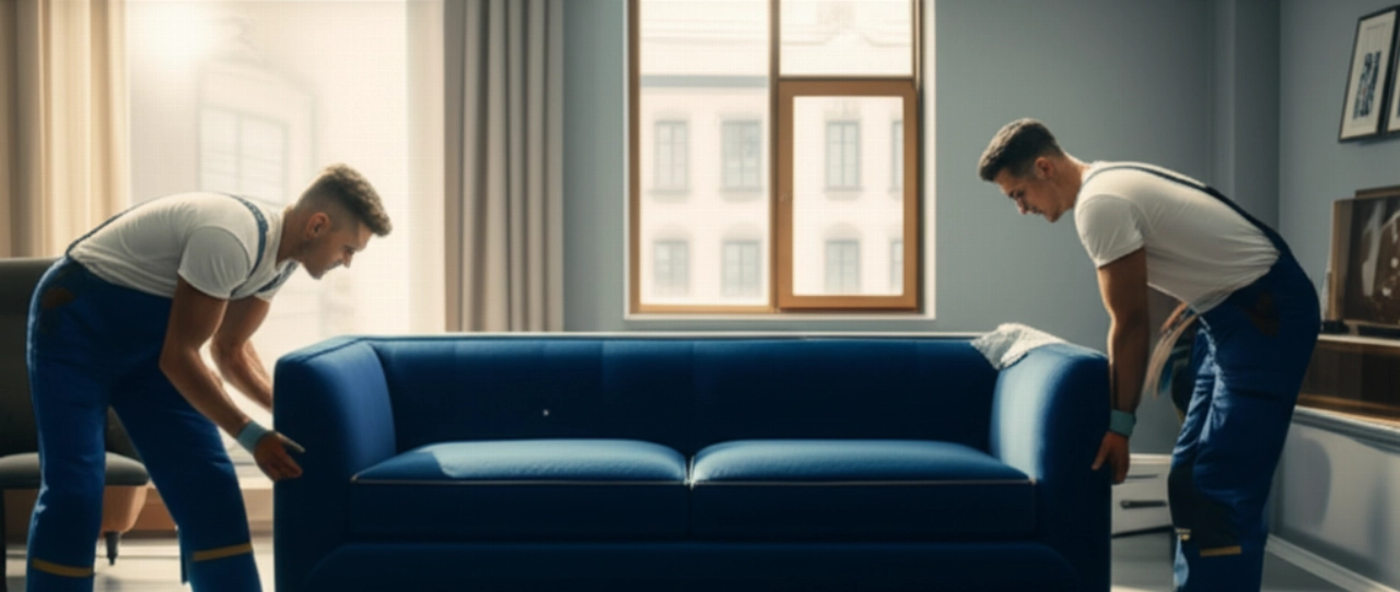 Deux déménageurs caucasiens positionnent avec soin un nouveau canapé en velours bleu foncé dans un salon spacieux, moderne et lumineux.