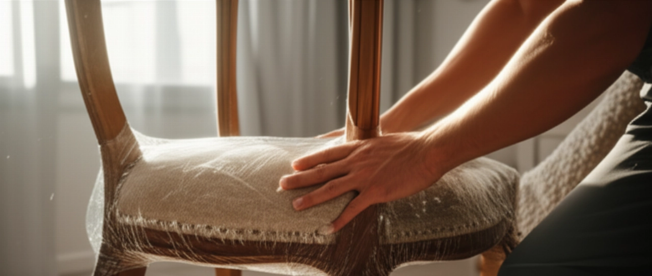 Un déménageur caucasien professionnel enveloppe méticuleusement une délicate chaise antique avec des couvertures de protection dans un salon bien éclairé.