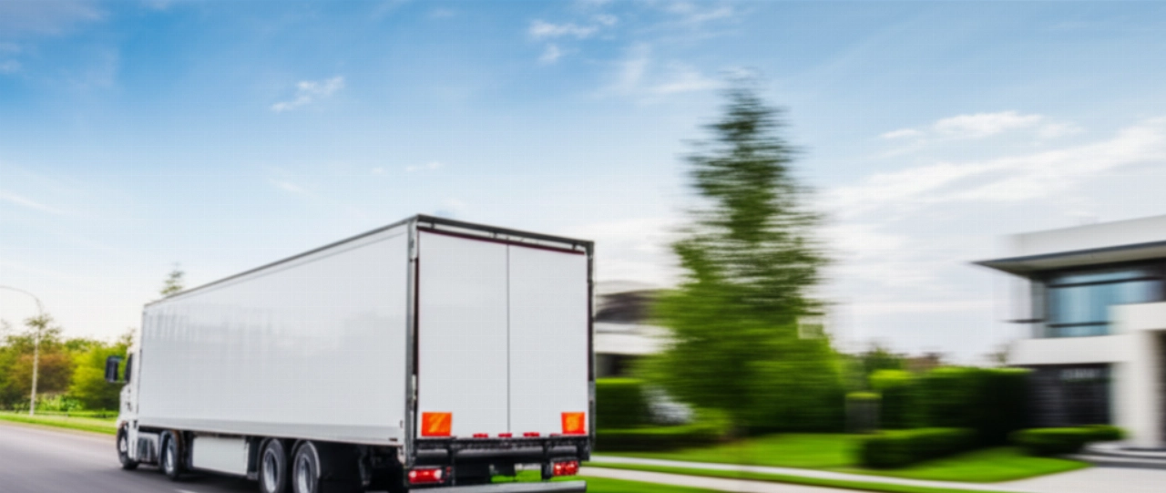 Un grand camion de déménagement moderne et propre roule sur une rue de banlieue bordée d'arbres vers une nouvelle maison contemporaine.