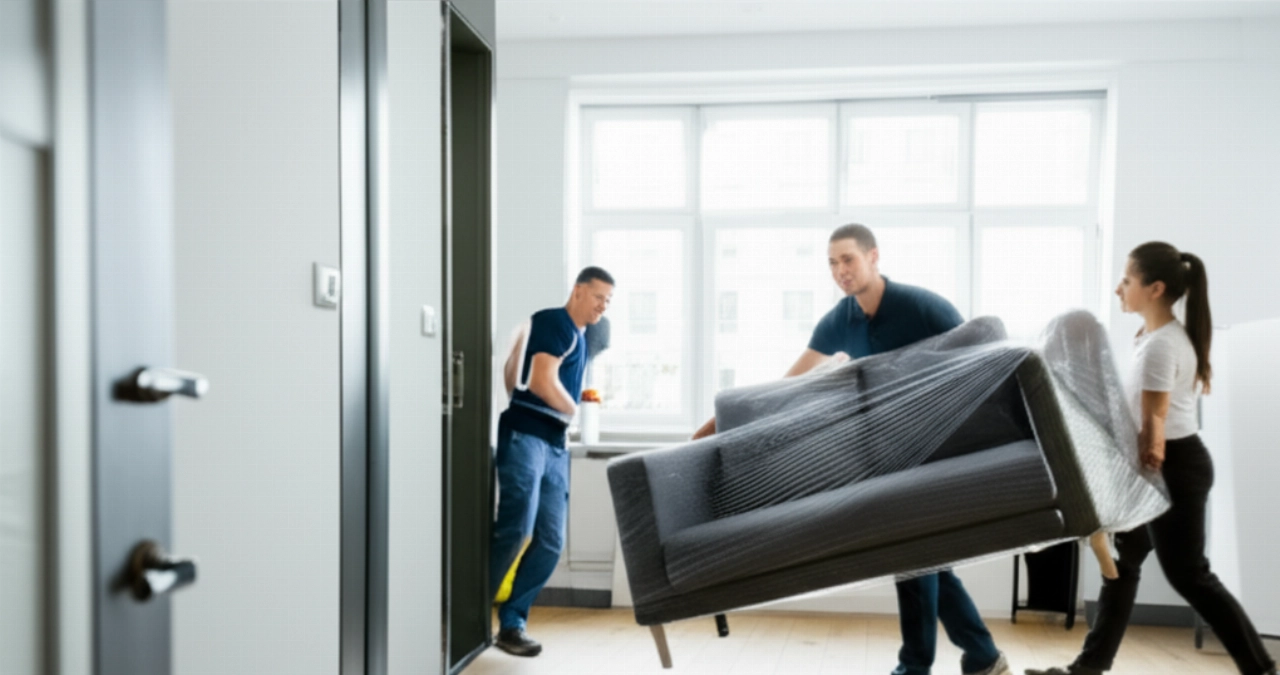 Des déménageurs professionnels livrent un canapé dans un appartement allemand moderne, symbolisant un nouveau départ.