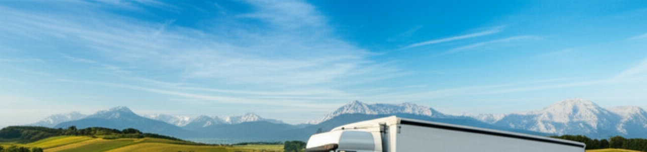 Camion de déménagement sur une autoroute panoramique, traversant des paysages de l'Italie à l'Allemagne, symbolisant un voyage sans encombre.