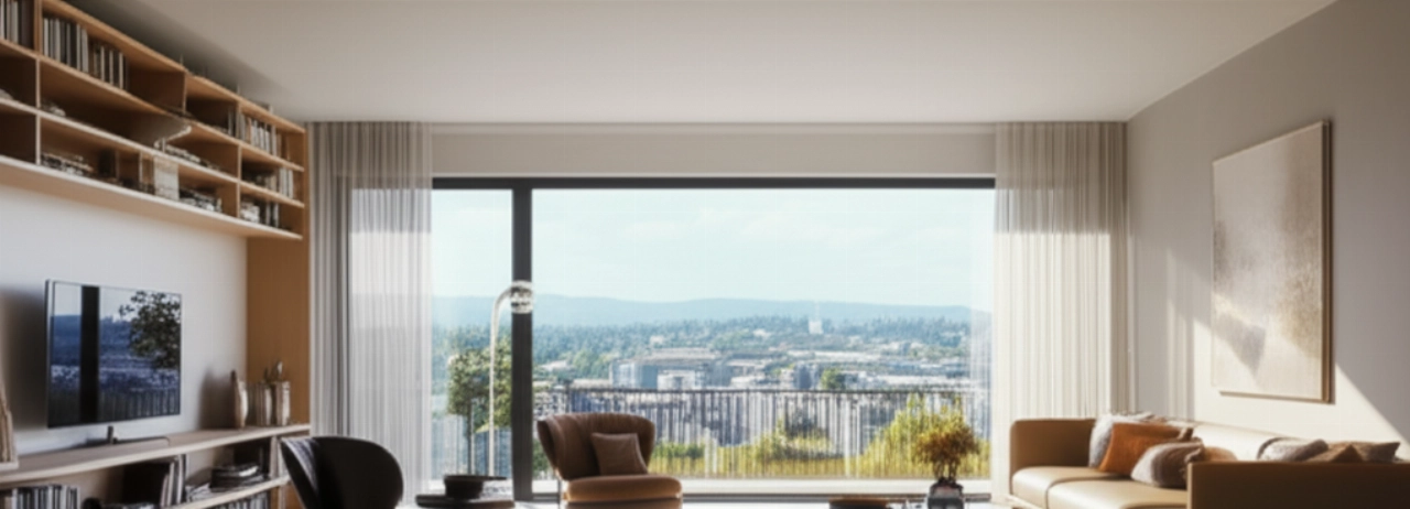 Salon moderne avec des meubles bien agencés et une vue panoramique sur un paysage suisse ou italien.