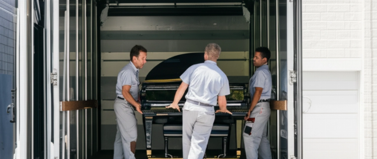 Un grand piano à queue sombre est soigneusement chargé sur un camion spécialisé via une rampe robuste, guidé par deux déménageurs caucasiens, dans une image hyperréaliste qui met l'accent sur le transport sécurisé.