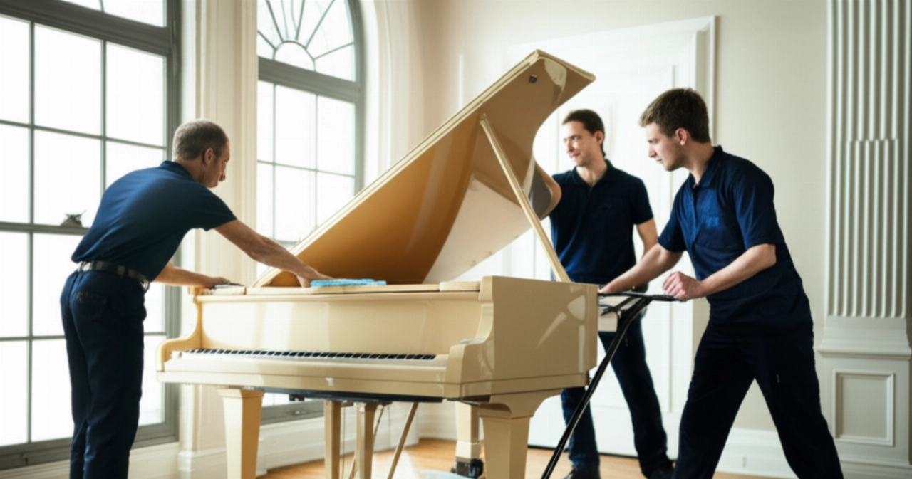 Trois déménageurs professionnels caucasiens effectuent les ajustements finaux sur un magnifique piano à queue clair dans une pièce spacieuse et ensoleillée, démontrant précision et travail d'équipe dans une image hyperréaliste.