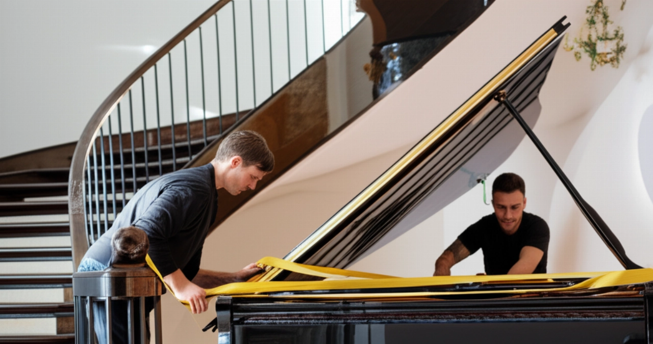 Un piano à queue est positionné en toute sécurité sur un palier spacieux, avec un déménageur caucasien ajustant ses sangles de protection, transmettant précision et soin.