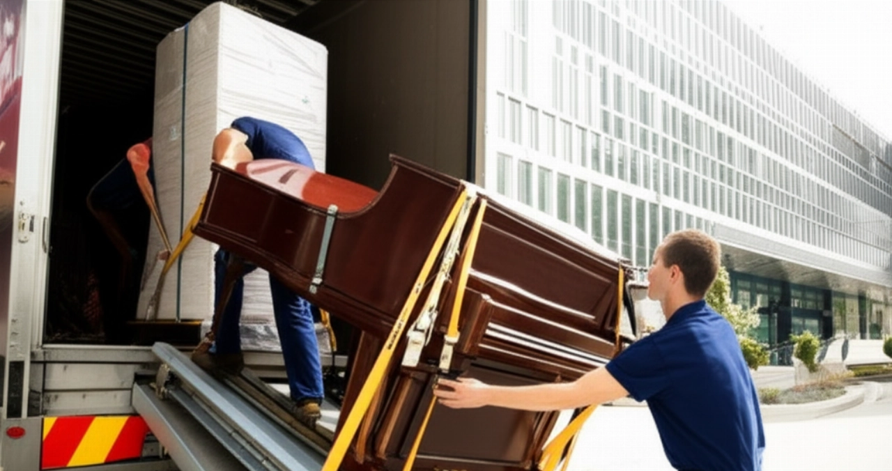 Des déménageurs professionnels chargent un piano droit sur un camion à l'aide d'une rampe spécialisée.