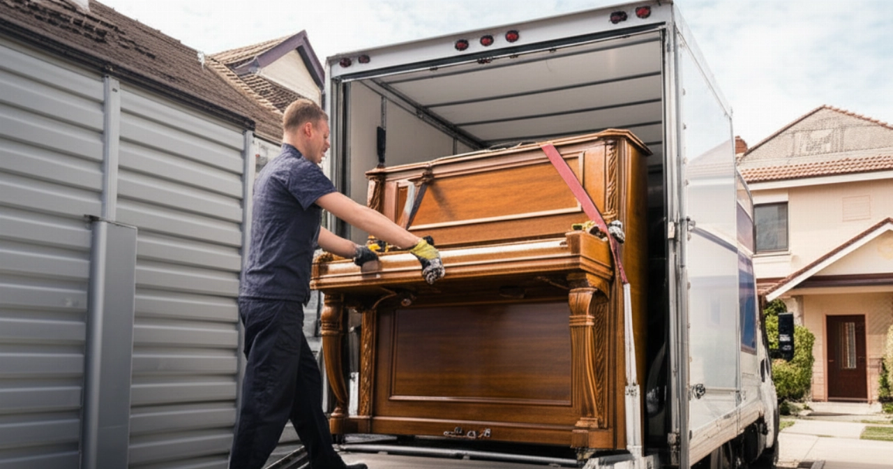 Un déménageur professionnel caucasien charge un piano droit sur un camion de déménagement à l'aide d'une rampe spécialisée.