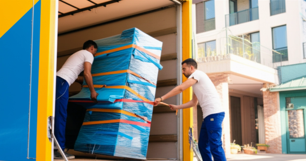 Image hyperréaliste d'une équipe de déménageurs professionnels caucasiens préparant un piano droit pour le chargement sur un camion.