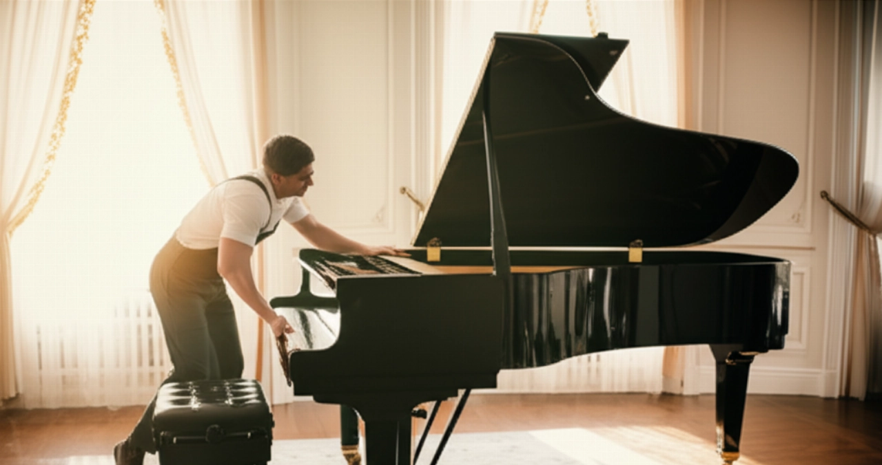 Image hyperréaliste d'un piano à queue fraîchement placé dans un salon élégant, symbolisant une livraison réussie.