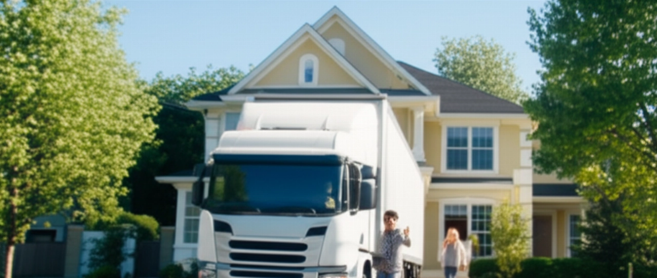 Un camion de déménagement moderne arrive devant une nouvelle maison de banlieue, avec un couple caucasien souriant et plein d'attentes pour le nouveau départ.