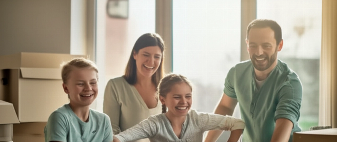 Famille caucasienne heureuse déballant des cartons dans leur nouvelle maison, symbole d'un déménagement sans stress.