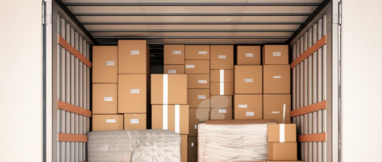Intérieur d'un camion de déménagement parfaitement organisé avec des cartons et des meubles emballés.